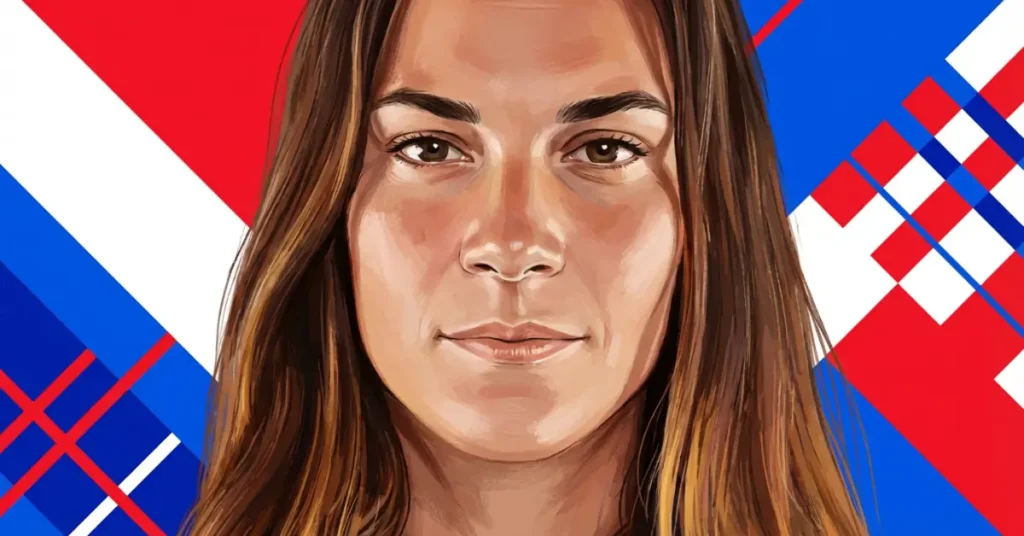 Lea Jansen 皮克球选手英雄图，红白蓝几何背景