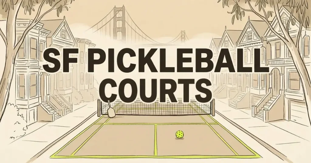 San Francisco Pickleball Courts guide illustration with Golden Gate Bridge and Victorian homes