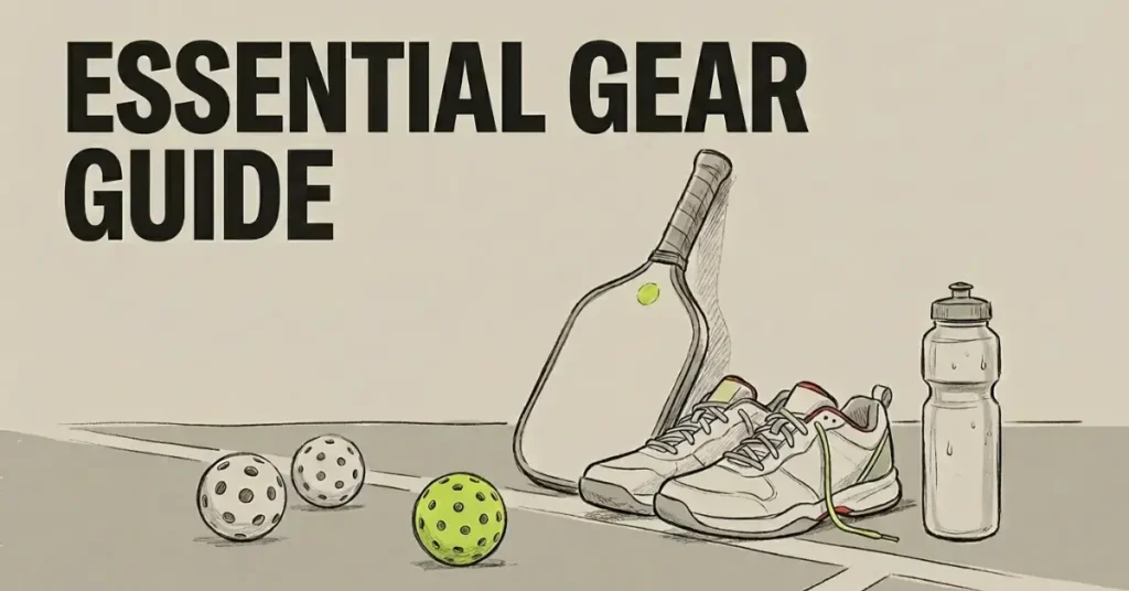 ピクルボール必需品ガイド（イラスト）で、ボール、パドル、コートシューズ、水筒を紹介。.