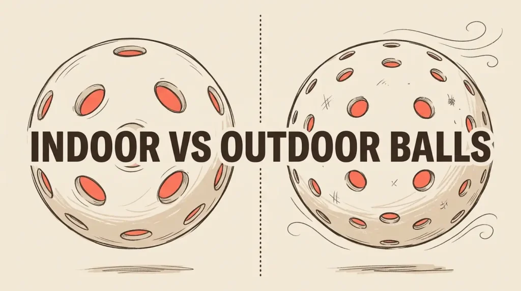 इनडोर बनाम आउटडोर पिकलबॉल गेंदें साइड बाय साइड दिखाती हैं कि इनडोर गेंद में बड़े छेद और आउटडोर गेंद में छोटे छेद हैं
