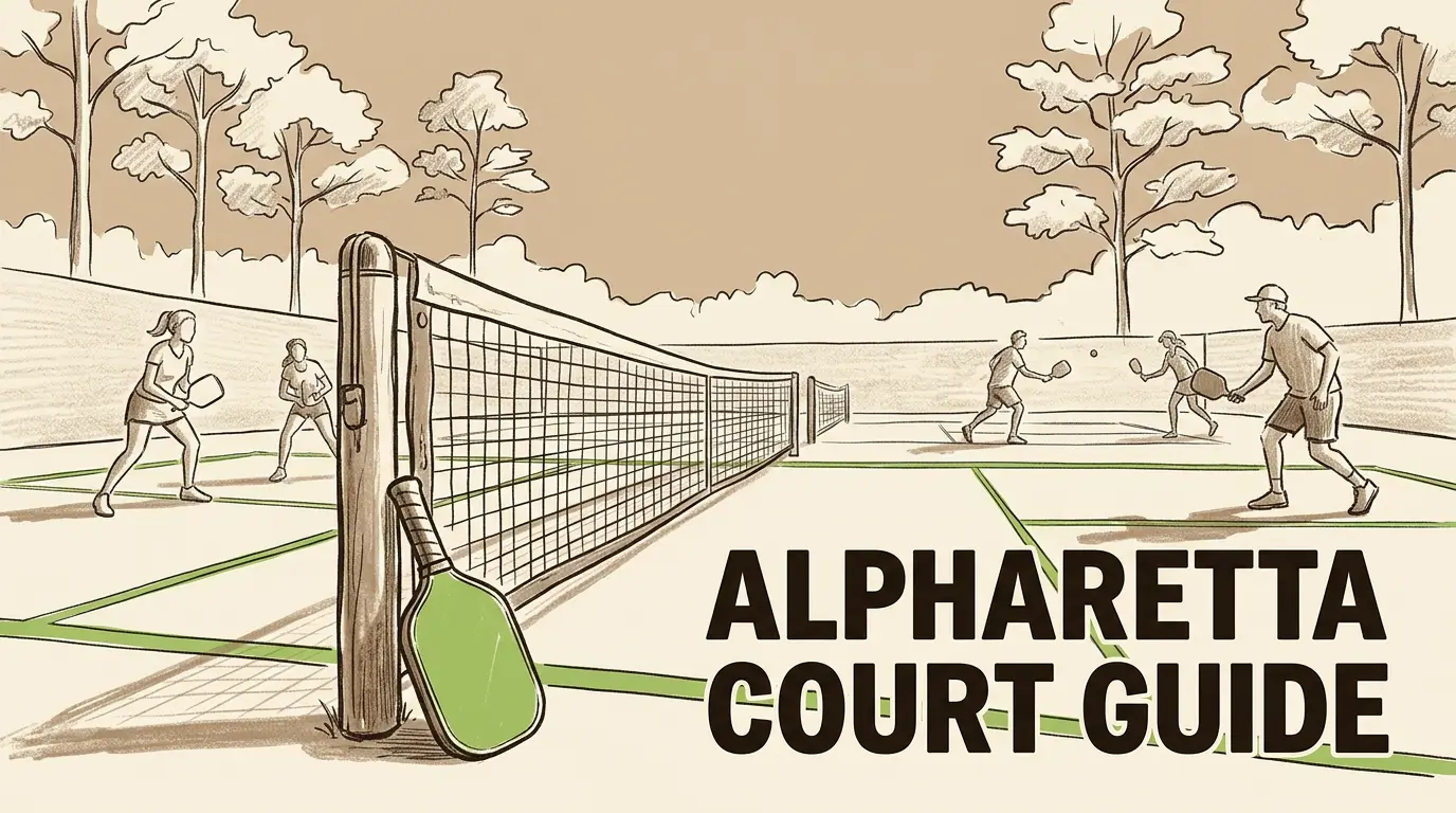Illustration mehrerer Pickleball-Plätze mit Spielern in aktiven Ballwechseln, einem grünen Schläger an einem Mittelnetzpfosten und Bäumen im Hintergrund. Text: Alpharetta Court Guide.