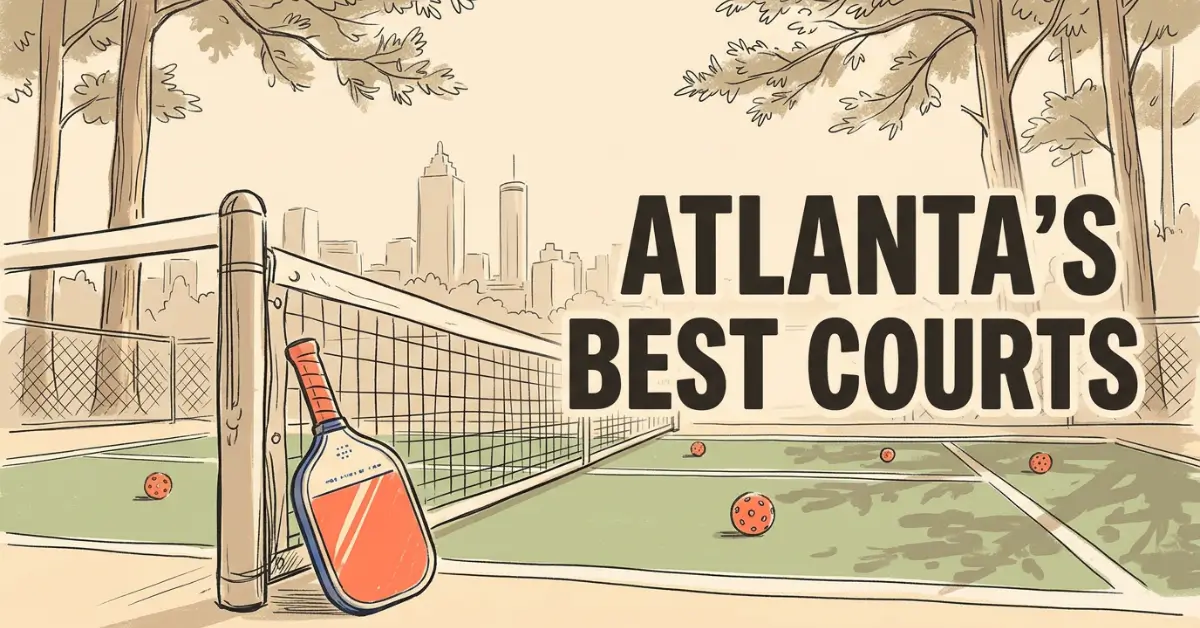 Illustrierte Grafik eines Pickleball‑Schlägers, der an einem Netzpfosten auf einem grünen Außenplatz lehnt, umgeben von orangefarbenen Bällen, großen Bäumen und der Skyline von Atlanta im Hintergrund. Der Text lautet Atlanta's Best Courts.