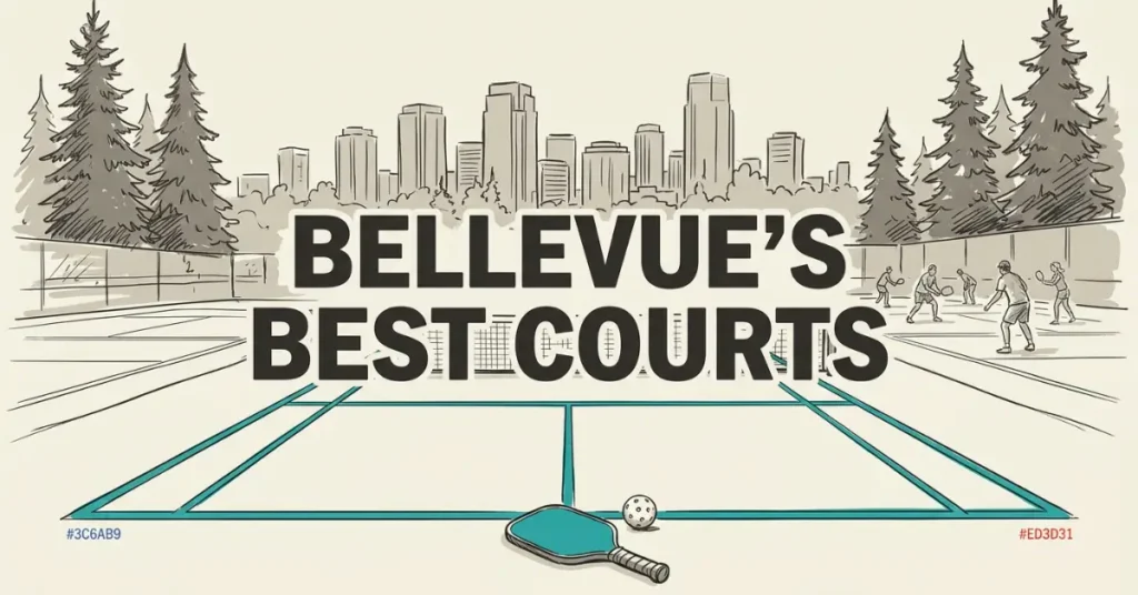 Sketch-style graphic of outdoor pickleball complex with active players, evergreen trees, and Bellevue city skyline backdrop