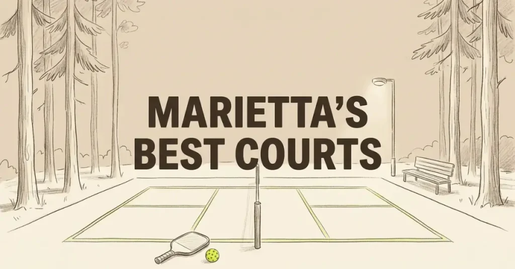 Illustratie van een lege pickleballbaan met een racket en geelgroene bal op de voorgrond, omgeven door hoge bomen, een bank en een lantaarnpaal. Tekst: Marietta's Best Courts.