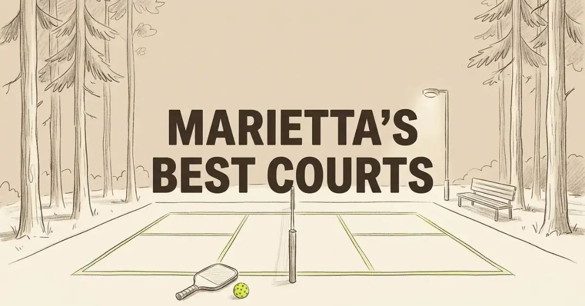 Illustration d'un court de pickleball vide avec une raquette et une balle jaune-vert au premier plan, entouré de grands arbres, d'un banc de parc et d'un lampadaire. Le texte indique Marietta's Meilleurs Courts.