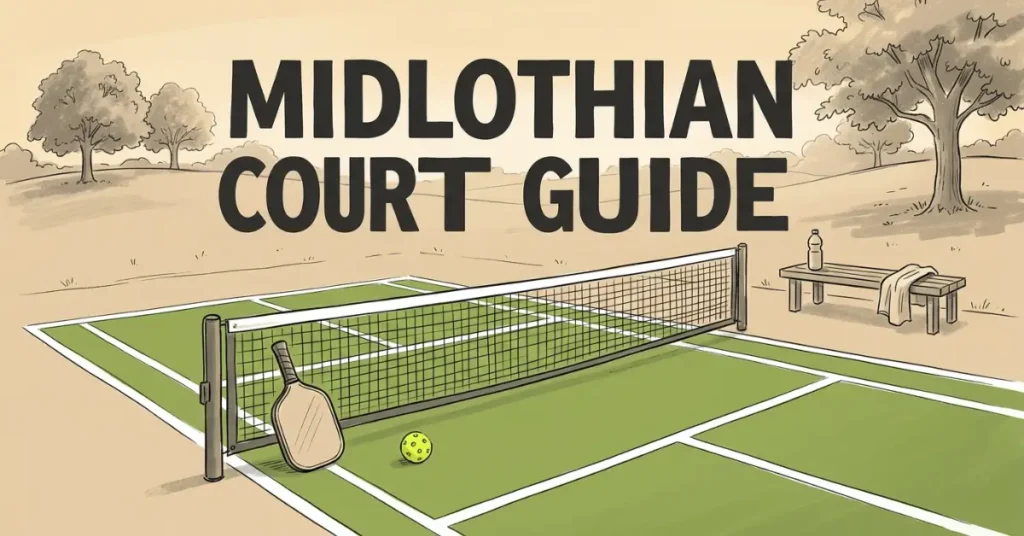 Illustrated pickleball court with paddle and ball at a park in Midlothian Virginia with trees and a bench courtside
