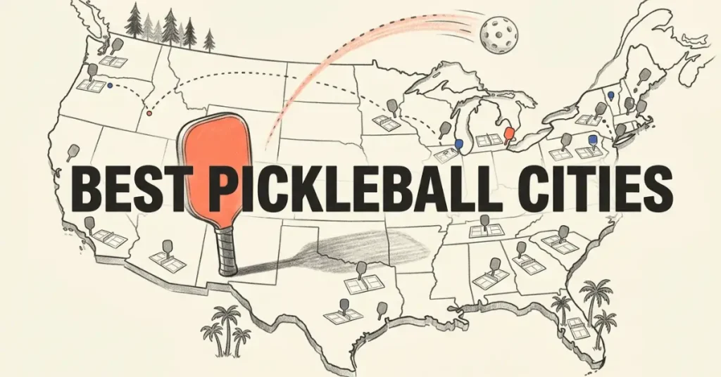 Carte illustrée des États-Unis parsemée d'icônes représentant des terrains de pickleball et des raquettes, avec une grande raquette orange au centre et une balle en arc de cercle en haut. Inscription : « Meilleures villes pour le pickleball ».