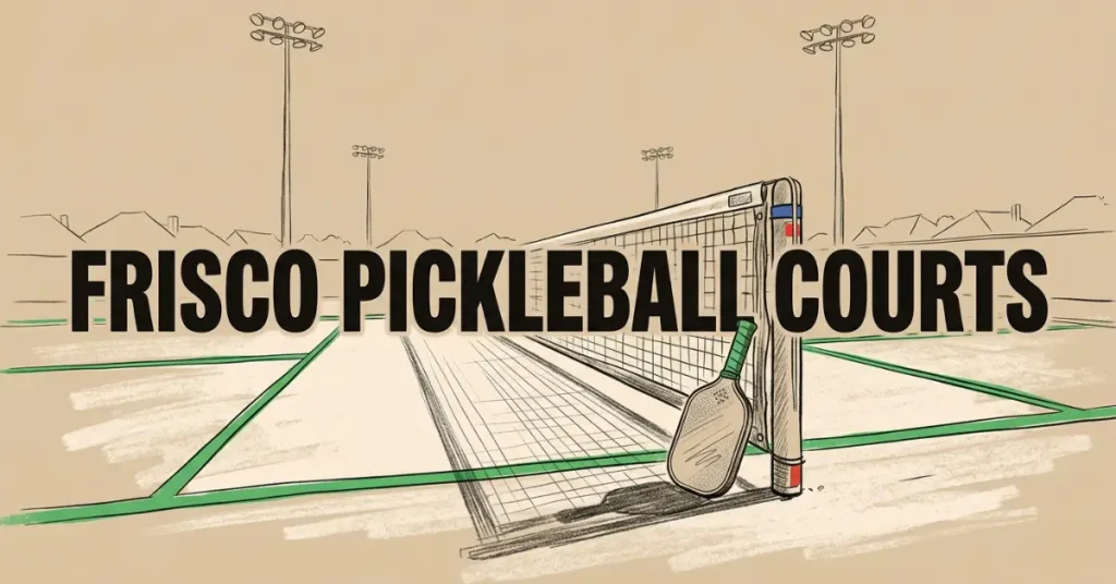 Illustrazione stilizzata con la scritta “Frisco Pickleball Courts” che mostra un campo da pickleball, rete, racchetta e pali della luce in un design a schizzo.