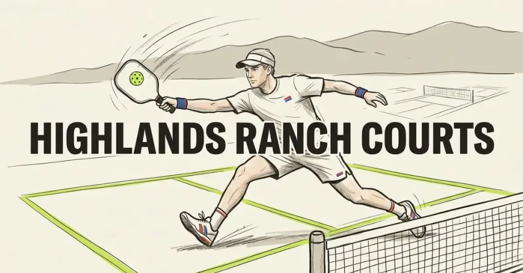 Highlands Ranch pickleball courts guide graphic featuring illustrated player in action on outdoor court