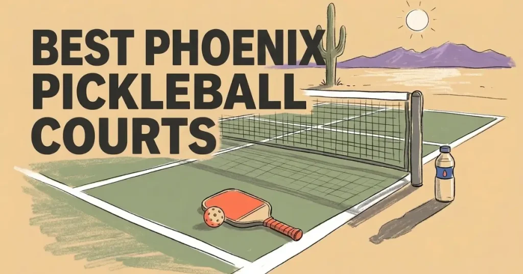 Phoenix pickleball court illustration with paddle, ball, water bottle, saguaro cactus, and desert mountain backdrop