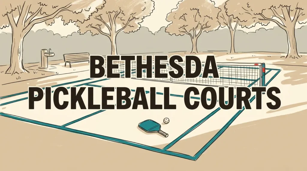 A stylized illustration of an outdoor park court with the bold text "BETHESDA PICKLEBALL COURTS" across the center. A teal paddle and a white ball rest on the court surface near the net, with minimalist trees and a park bench in the background.