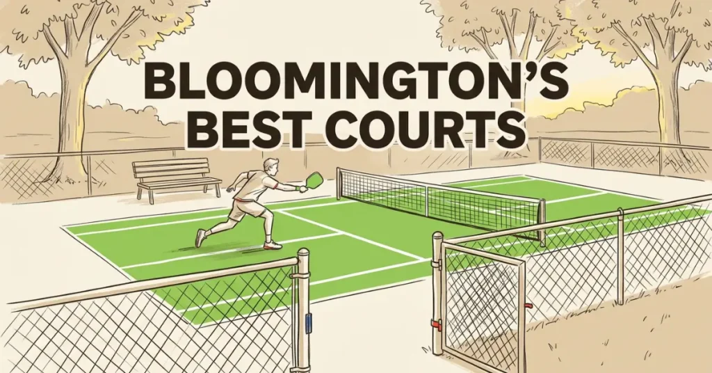 Minh họa người chơi pickleball thực hiện cú đánh trên sân ngoài trời ở Bloomington, Minnesota, với cây cối và ghế đá phía sau