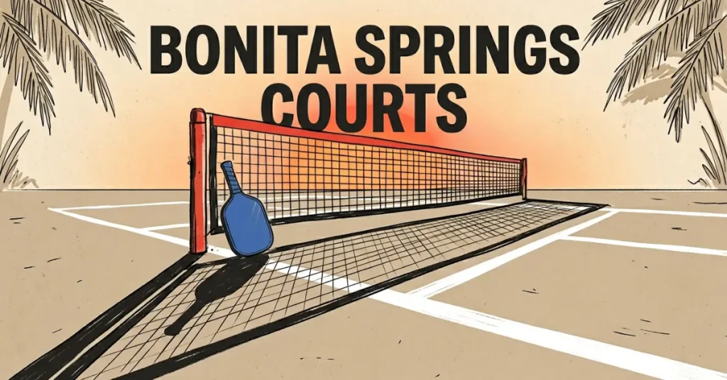 带有网和球拍的示意皮克球场，文字为“Bonita Springs Courts”。