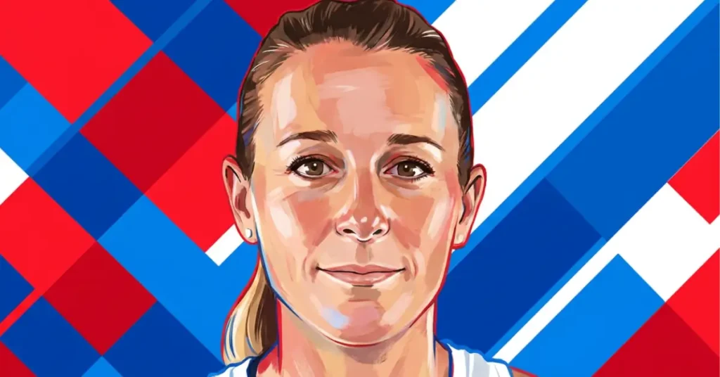 Brooke Buckner pickleball player hero image with bold red white and blue geometric background