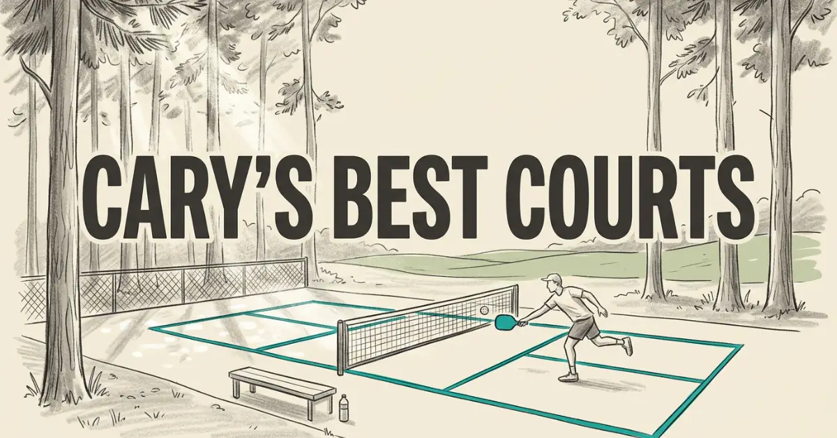 Grafica illustrata di un giocatore di pickleball che cerca di colpire la palla al rete su un campo esterno con linee turchesi, con alberi alti, una panchina e una bottiglia d'acqua in primo piano. Il testo recita Cary's Best Courts.