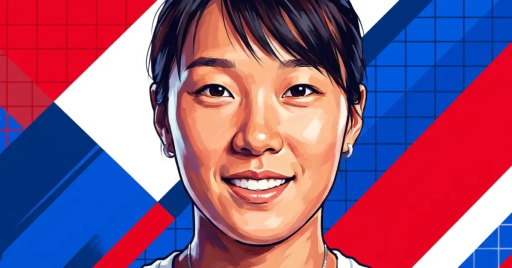Chao Yi Wang pickleball player hero image with bold red white and blue geometric background