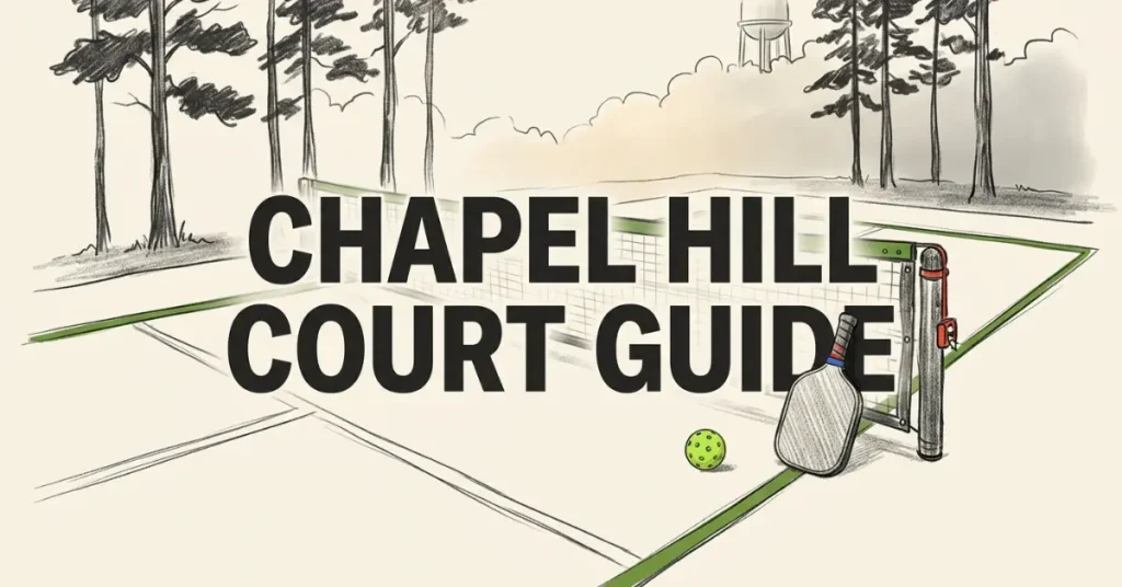 Gráfico ilustrado de uma raquete de pickleball e bola amarelo‑verde ao lado de um poste de rede em uma quadra externa com linhas verdes, com altos pinheiros e uma torre de água ao fundo. Texto: Guia de Quadras de Chapel Hill.