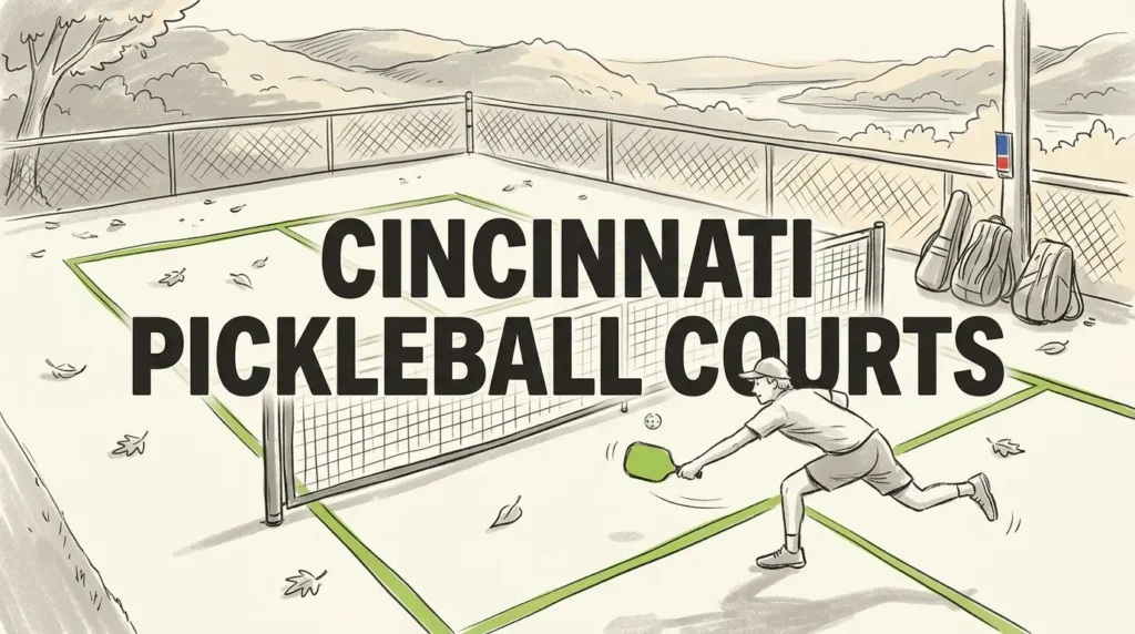 Ilustración de las canchas de pickleball de Cincinnati con un jugador golpeando un tiro corto en una cancha al aire libre cerca del río