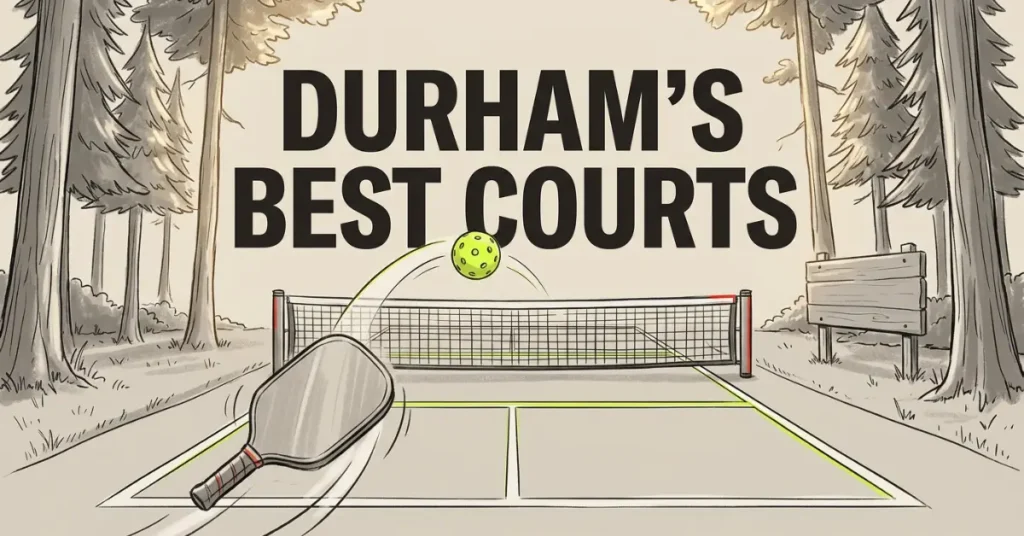 Gráfico ilustrado de uma raquete de pickleball batendo uma bola amarelo‑verde sobre a rede em uma quadra ao ar livre cercada de árvores, com um poste de sinalização de madeira à direita. Texto lê Durham's Melhores Quadras.