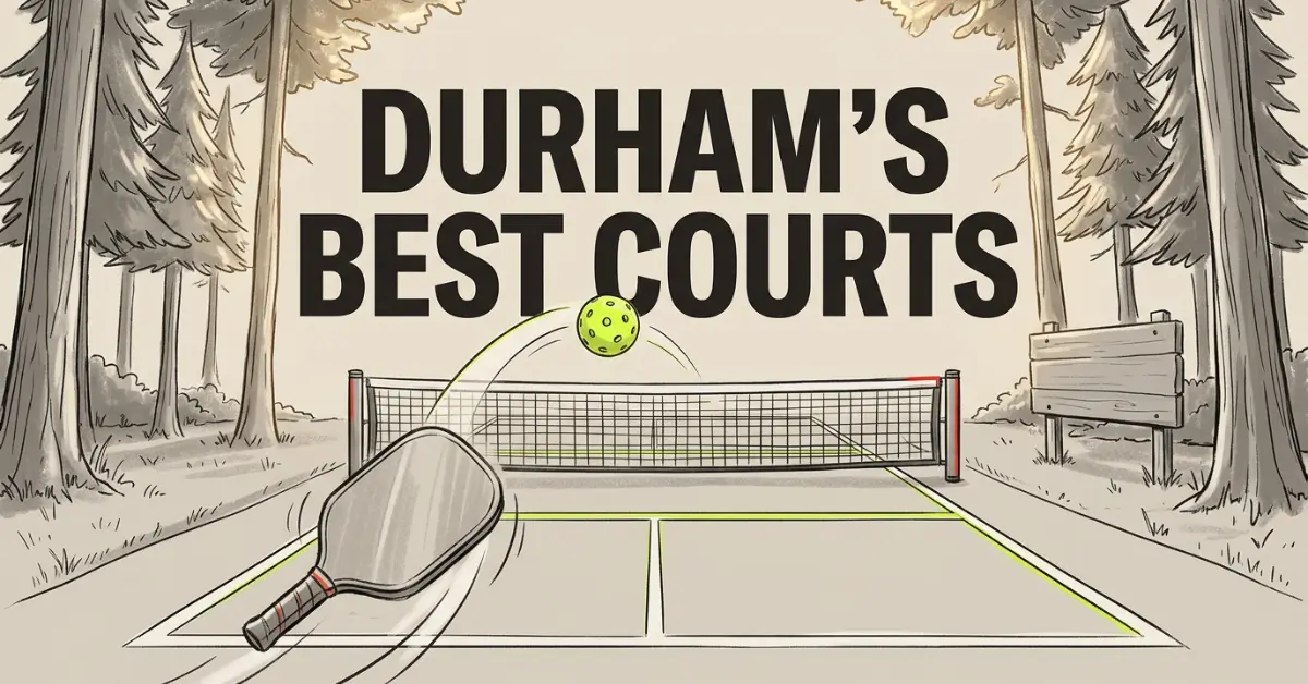Grafica illustrata di una racchetta da pickleball che colpisce una palla giallo-verde sopra la rete su un campo esterno alberato, con un cartello di legno visibile a destra. Il testo recita Durham's Best Courts.