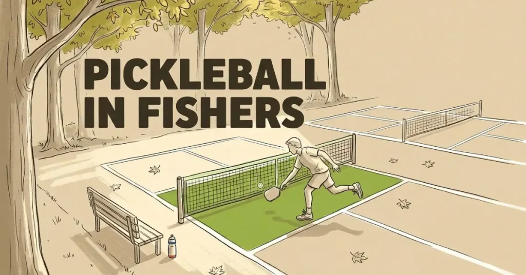 Ilustración de Pickleball en Fishers que muestra a un jugador en una cancha al aire libre en un parque arbolado con varias canchas al fondo.