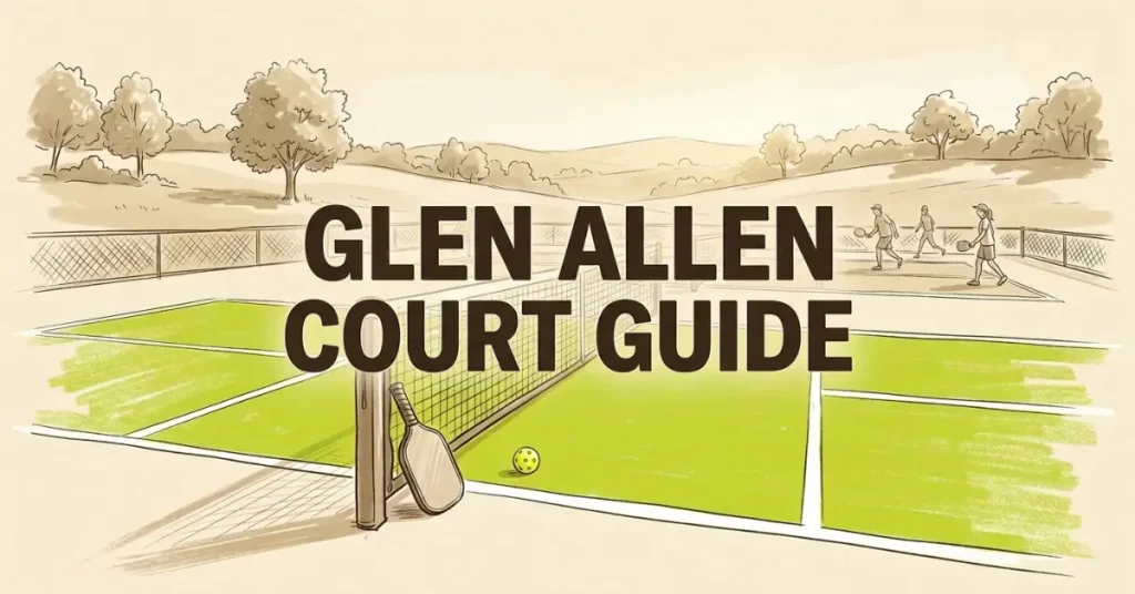 Illustrated pickleball court with a paddle and ball in Glen Allen, Virginia, featuring players and rolling hills in the background