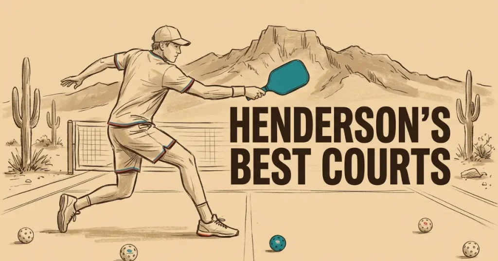 Illustrated graphic of a pickleball court in a cracked desert landscape with a paddle and ball near the net, a saguaro cactus, and the Las Vegas skyline in the background. Text reads Vegas Pickleball Courts.8:23 AMClaude responded: Illustrated graphic of a pickleball player mid-swing with a teal paddle on a desert court, surrounded by saguaro cacti, scattered balls, and a mesa in the back…Illustrated graphic of a pickleball player mid-swing with a teal paddle on a desert court, surrounded by saguaro cacti, scattered balls, and a mesa in the background. Text reads Henderson's Best Courts.