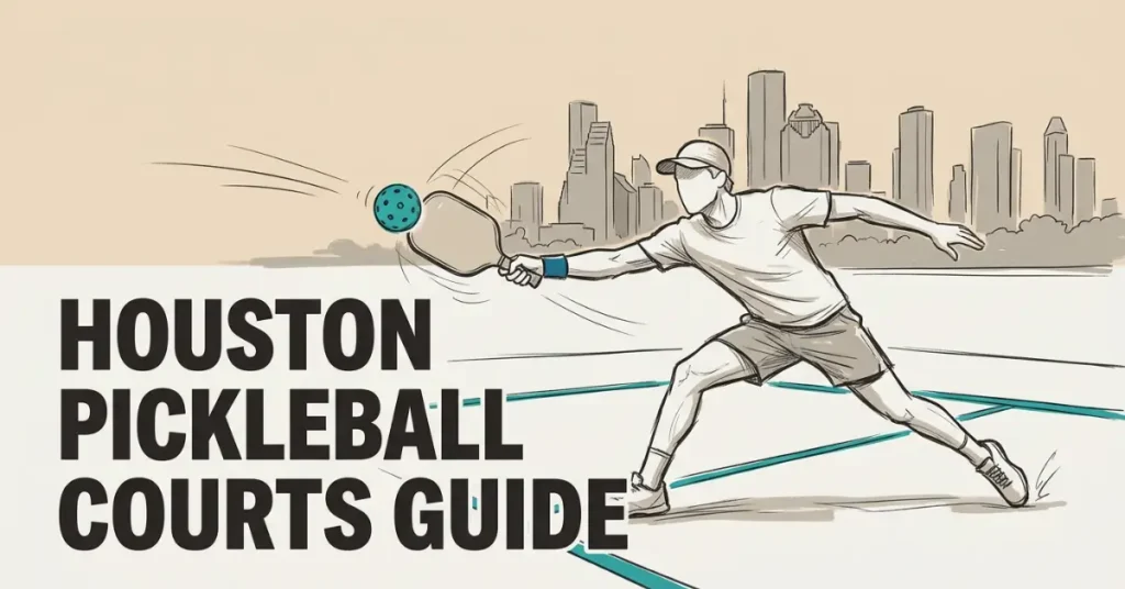 Houston Pickleball-Platzführer mit einem Spieler, der einen kurzen Schlag vor der Skyline von Houston ausführt