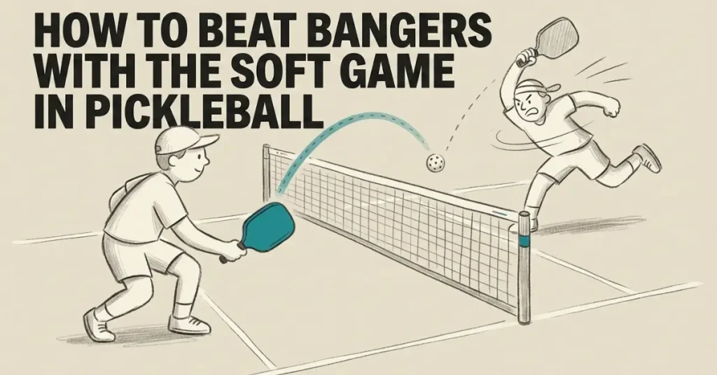 Illustratie van pickleballspelers met een koptekst over het verslaan van tegenstanders met behulp van het zachte spel.
