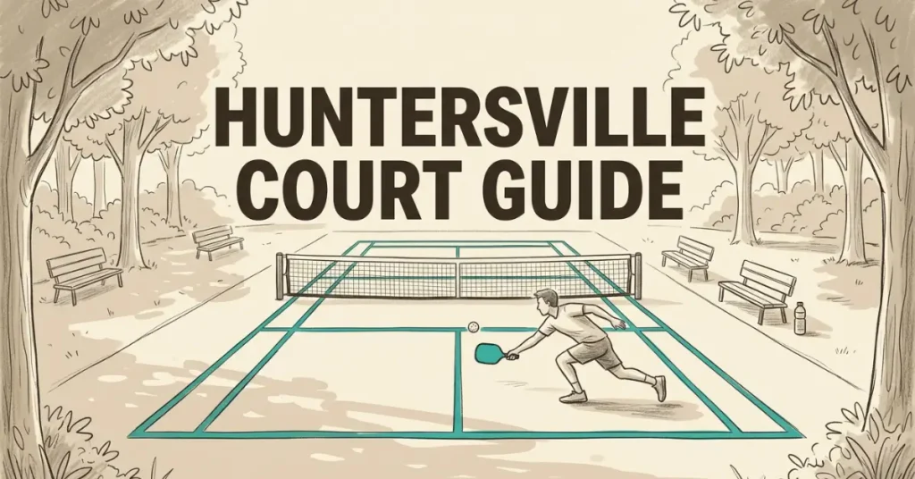 Illustrated graphic of a close-up pickleball paddle and teal ball above an outdoor court, with tall pine trees and a church steeple visible in the background. Text reads Pickleball in Matthews NC.12:31 PMClaude responded: Illustrated graphic of a pickleball player stretching to reach a shot on a teal-lined outdoor court, surrounded by trees and park benches.Illustrated graphic of a pickleball player stretching to reach a shot on a teal-lined outdoor court, surrounded by trees and park benches. Text reads Huntersville Court Guide.