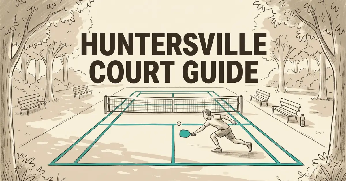 Illustrated graphic of a close-up pickleball paddle and teal ball above an outdoor court, with tall pine trees and a church steeple visible in the background. Text reads Pickleball in Matthews NC.12:31 PMClaude responded: Illustrated graphic of a pickleball player stretching to reach a shot on a teal-lined outdoor court, surrounded by trees and park benches.Illustrated graphic of a pickleball player stretching to reach a shot on a teal-lined outdoor court, surrounded by trees and park benches. Text reads Huntersville Court Guide.