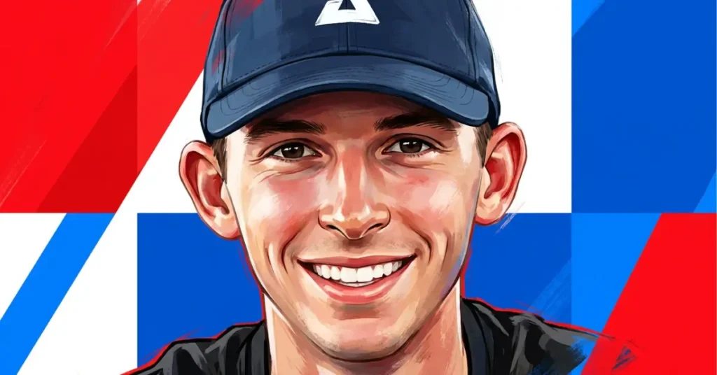 John Lucian Goins pickleball player hero image with bold red white and blue geometric background