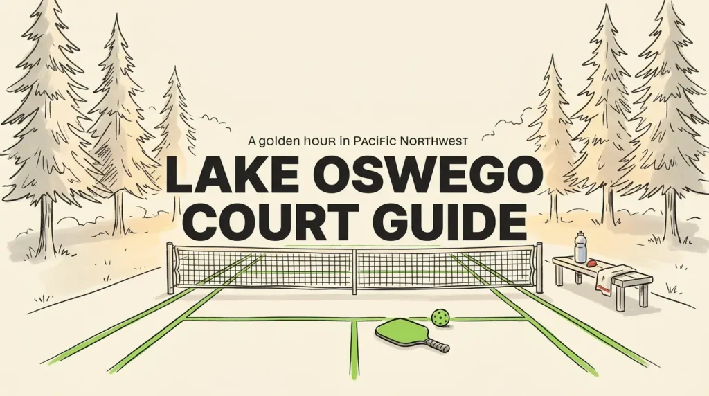 Illustration des Lake Oswego Court Guide: Outdoor‑Pickleball‑Platz im pazifischen Nordwesten, umgeben von immergrünen Bäumen, mit Schläger und Bank neben dem Platz.
