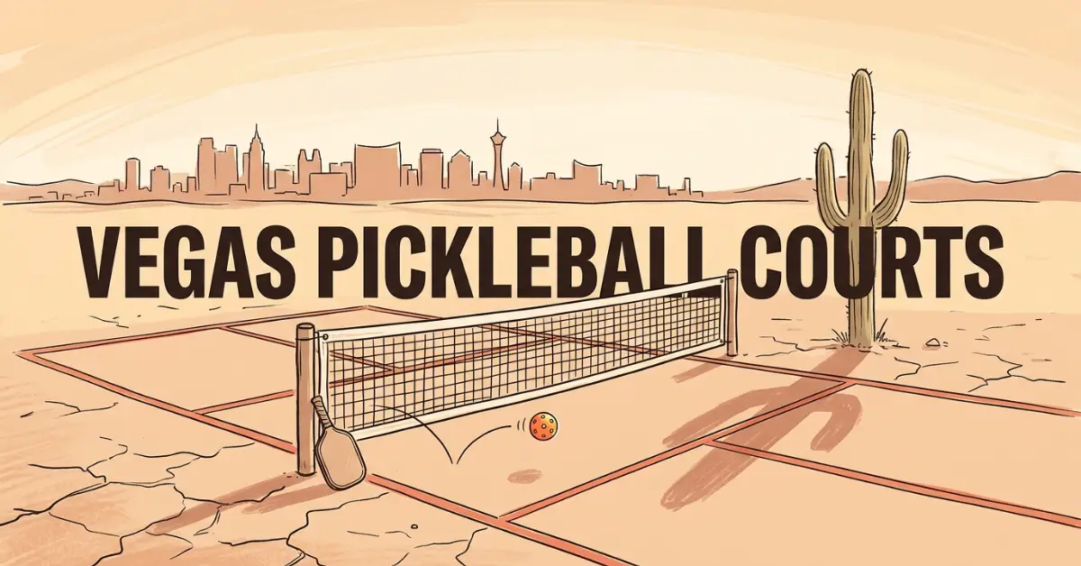 Illustrated graphic of a pickleball court in a cracked desert landscape with a paddle and ball near the net, a saguaro cactus, and the Las Vegas skyline in the background. Text reads Vegas Pickleball Courts.