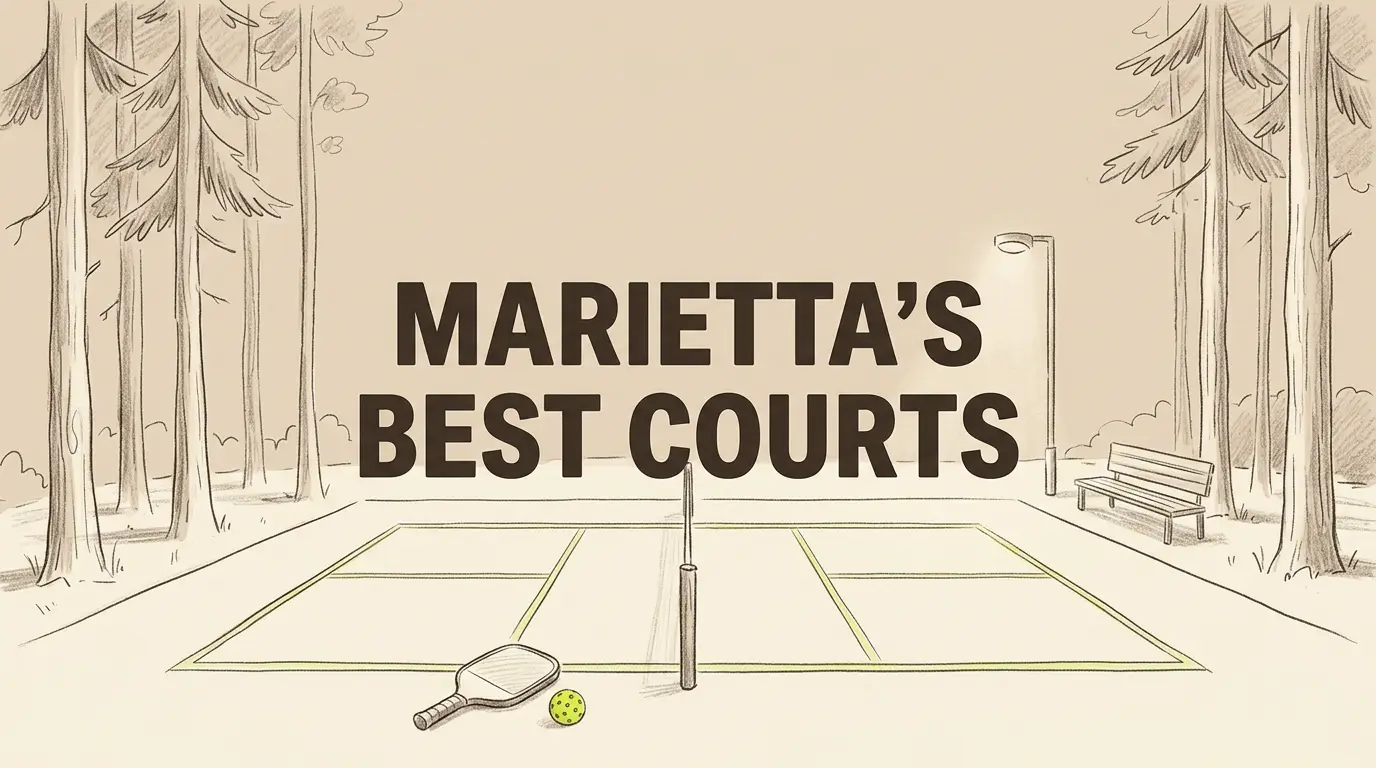 Illustrierte Grafik eines leeren Pickleball‑Feldes mit einem Schläger und einem gelb-grünen Ball im Vordergrund, flankiert von hohen Bäumen, einer Parkbank und einer Laterne. Der Text lautet Marietta's Best Courts.