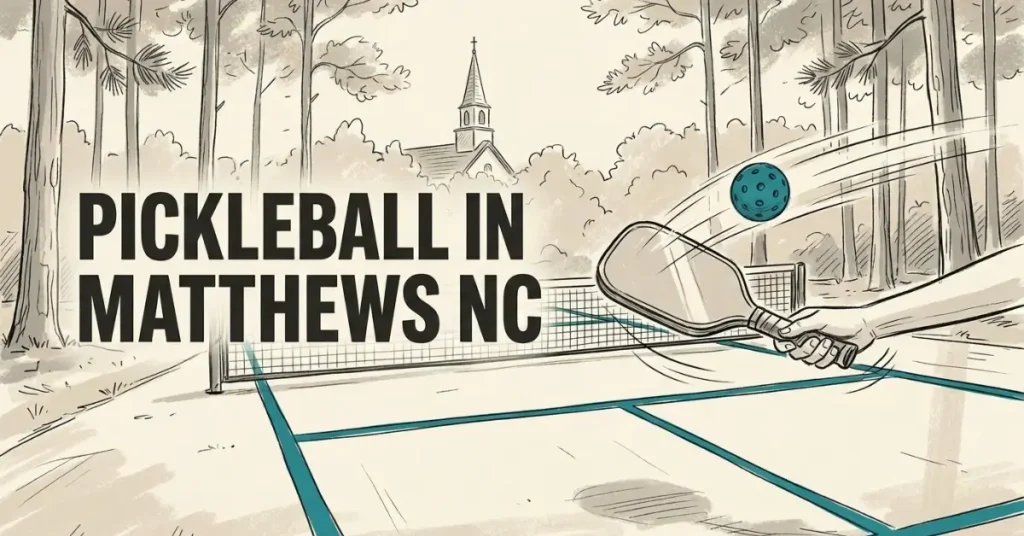 Illustrated graphic of a close-up pickleball paddle and teal ball above an outdoor court, with tall pine trees and a church steeple visible in the background. Text reads Pickleball in Matthews NC.