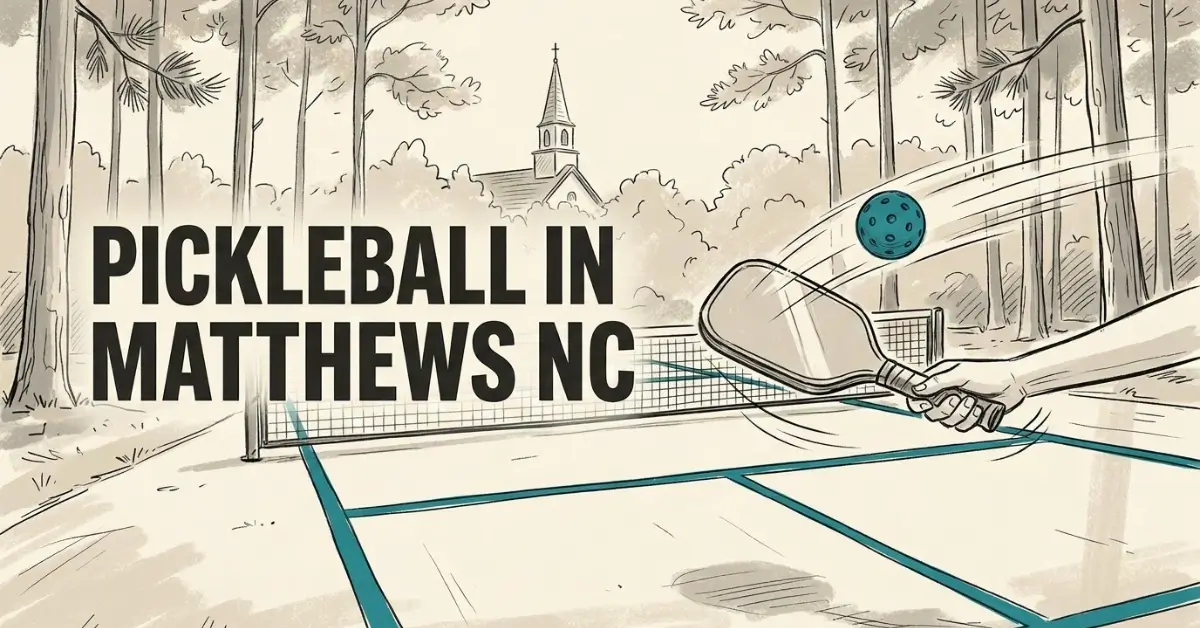 Illustrated graphic of a close-up pickleball paddle and teal ball above an outdoor court, with tall pine trees and a church steeple visible in the background. Text reads Pickleball in Matthews NC.
