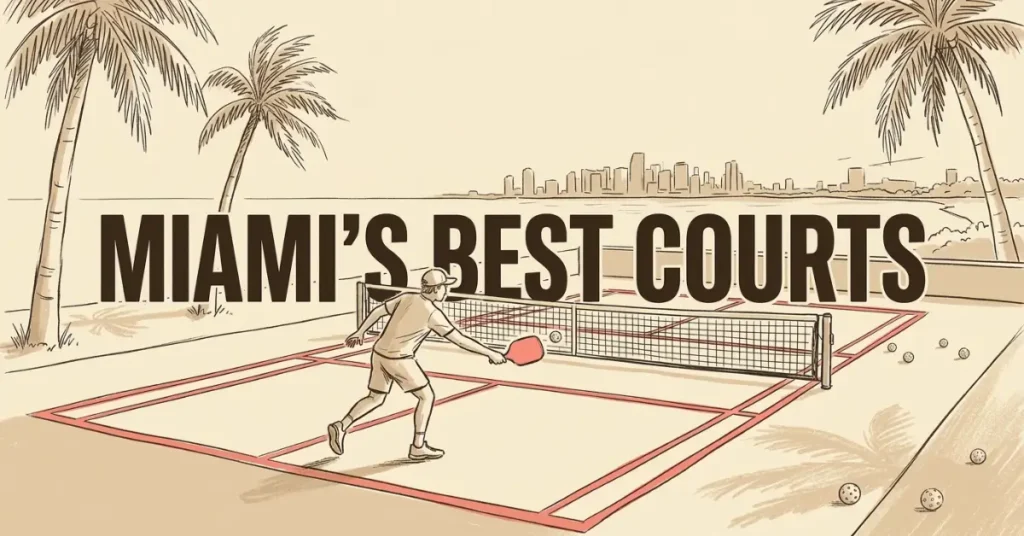 Gráfica ilustrada de un jugador de pickleball en la red de una cancha exterior con líneas rojas, palmeras, pelotas dispersas, vista al agua y el horizonte de Miami al fondo. El texto dice Miami's Best Courts.