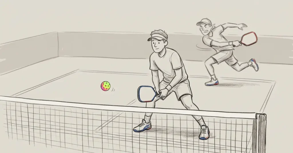 Pickleball Attack or Reset scene with two players on a court