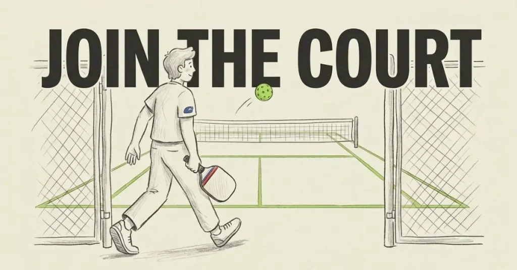 Illustrated player walking onto a pickleball court through a chain-link fence gate with paddle in hand, text reads Join The Court
