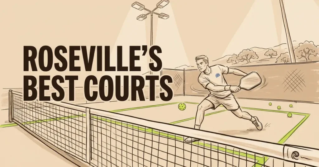 llustrated pickleball player hitting a shot on a lighted outdoor court in Roseville with bold text reading Roseville's Best Courts
