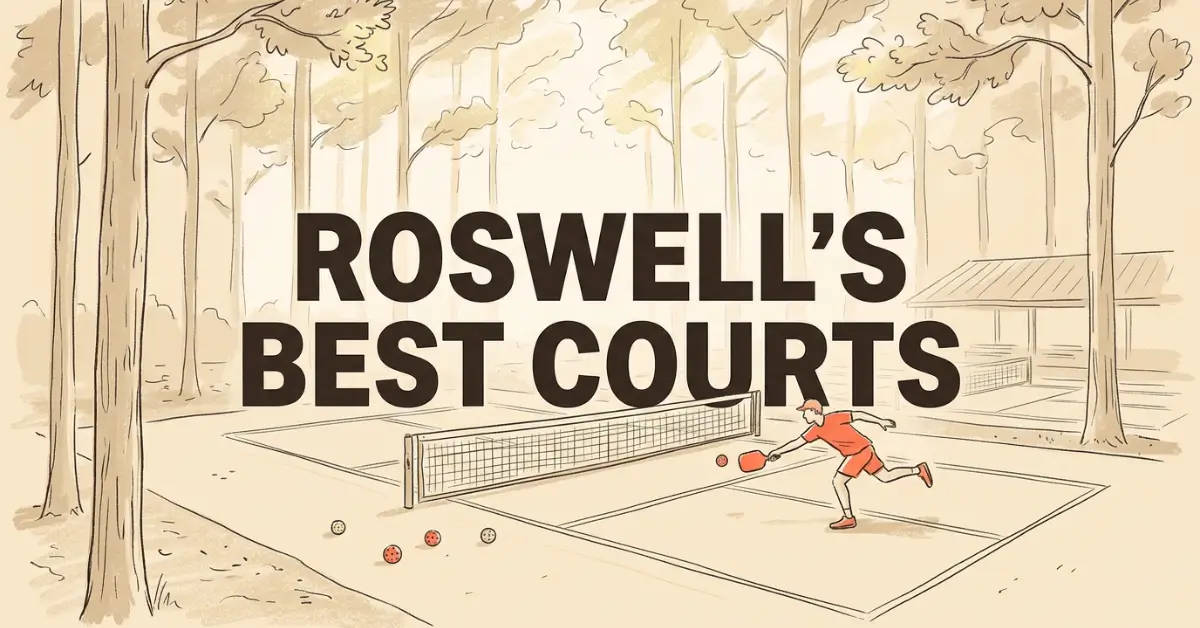 Illustration d'un joueur de pickleball en orange, prêt à frapper au filet, avec des balles éparpillées au premier plan, de grands arbres et un pavillon en arrière-plan. Le texte indique les meilleurs courts de Roswell'.