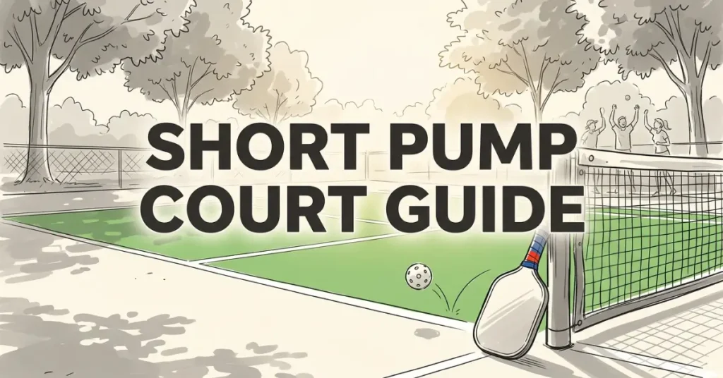 Banner reading “SHORT PUMP COURT GUIDE” above an illustrated outdoor pickleball court with paddle, net, and ball