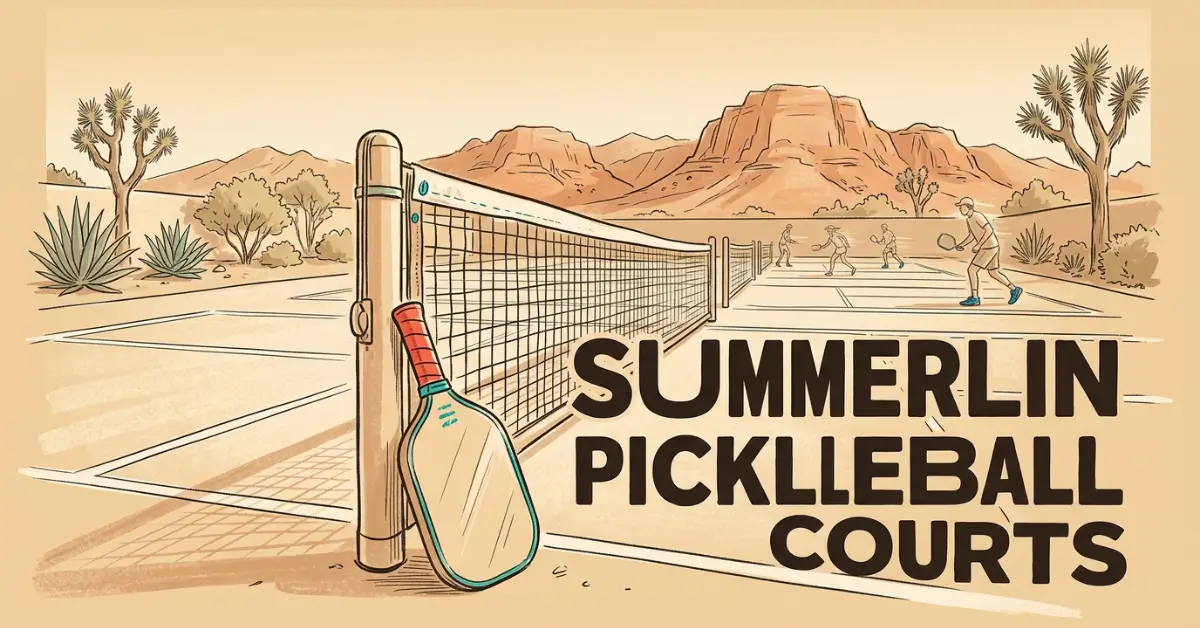 Illustrated graphic of a pickleball paddle leaning against a net post on a desert court, with players in the background, Joshua trees, agave plants, and a red rock mesa. Text reads Summerlin Pickleball Courts.
