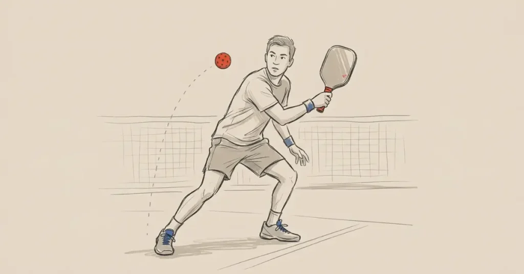 Hình vẽ tay minh họa một vận động viên pickleball trên sân trong nhà, cầm vợt và chuẩn bị trả bóng đỏ, với lưới và vạch kẻ sân ở phía sau.
