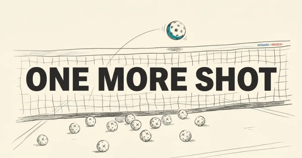 Ilustración de una pelota de pickleball azul celeste arqueándose sobre la red, rodeada de docenas de pelotas usadas en el suelo de la pista. El texto dice One More Shot.