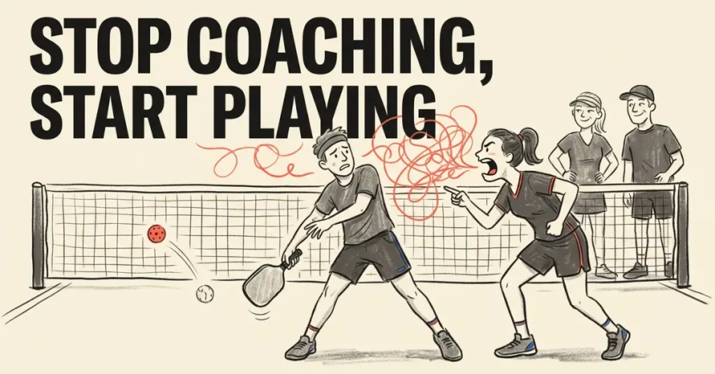 Hình minh hoạ một nữ người chơi pickleball la hét chỉ dẫn đối với người bạn nam bối rối ở giữa sân, trong khi hai đối thủ cười thích thú quan sát từ phía lưới. Văn bản ghi: Dừng huấn luyện, bắt đầu chơi.