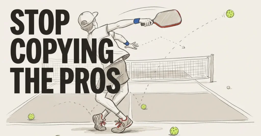 Illustrated pickleball player swinging wildly at the net with balls scattered across the court showing the result of copying pro techniques too early