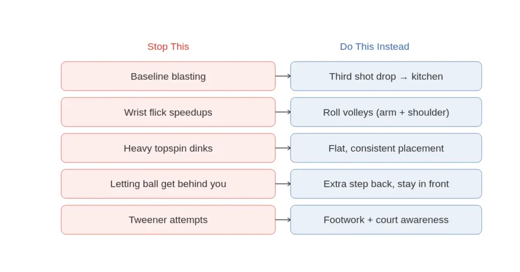 Five pickleball beginner habits to stop: baseline blasting, wrist flick speedups, topspin dinks too early, ball behind you, tweener attempts