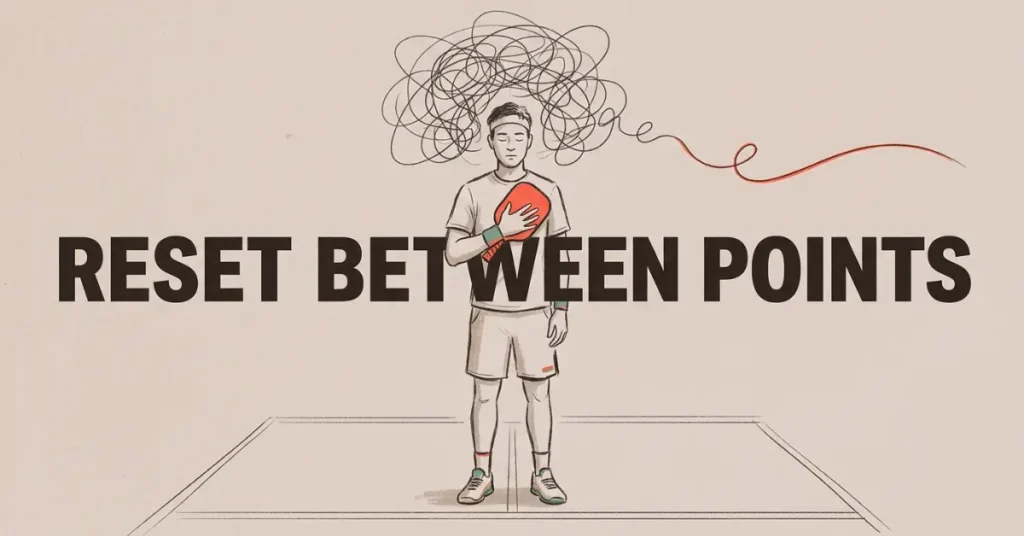 Gráfico ilustrado de um jogador de pickleball de pé na quadra, olhos fechados, segurando uma raquete vermelha no peito, com um rabisco confuso acima da cabeça se desenrolando em uma linha calma. O texto diz Reset Between Points.